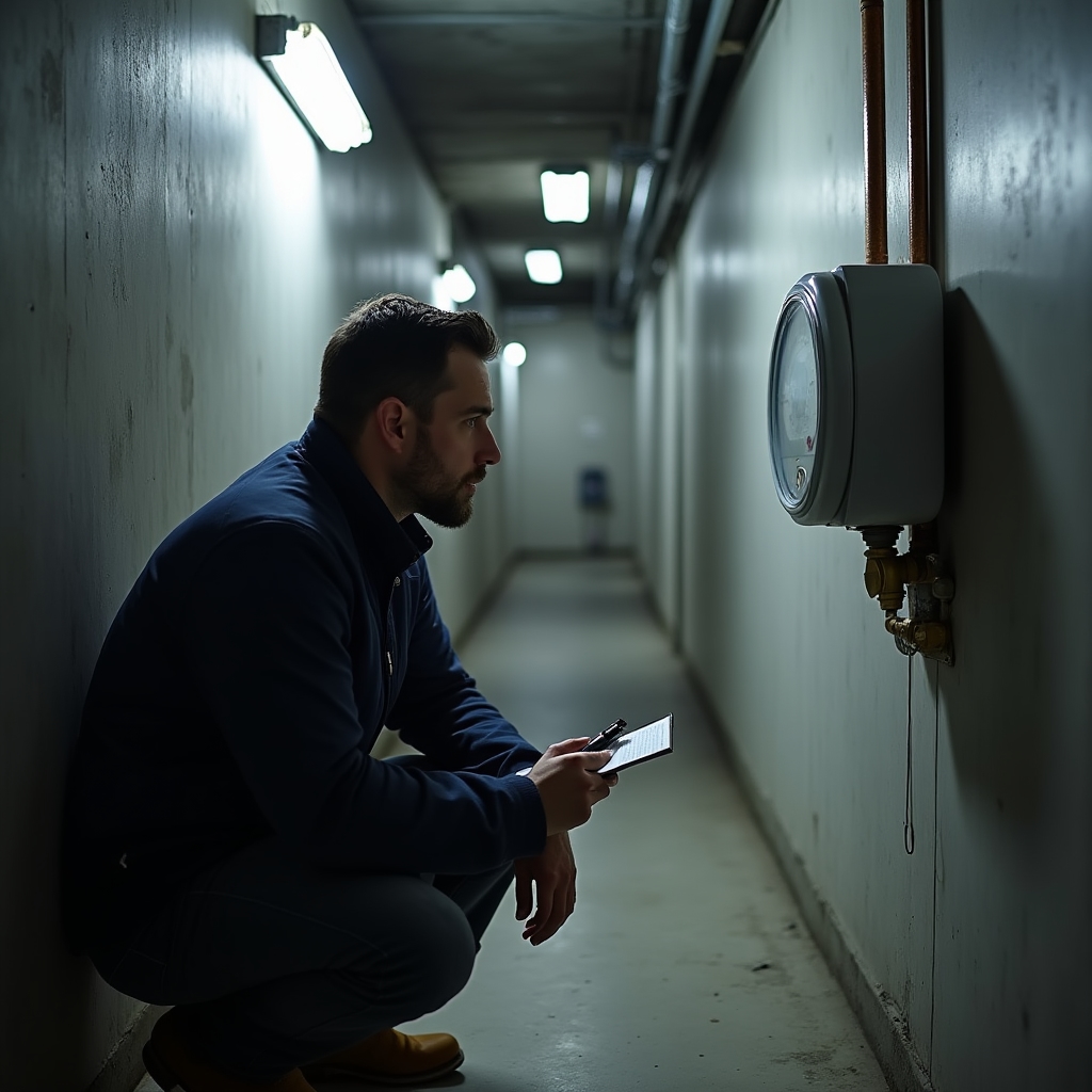 Person reading a gas meter in a Polish apartment building utility room