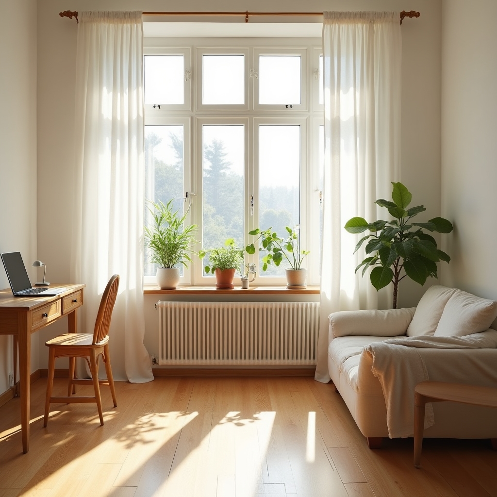 Open window with white curtains in a bright Polish apartment during summer daytime
